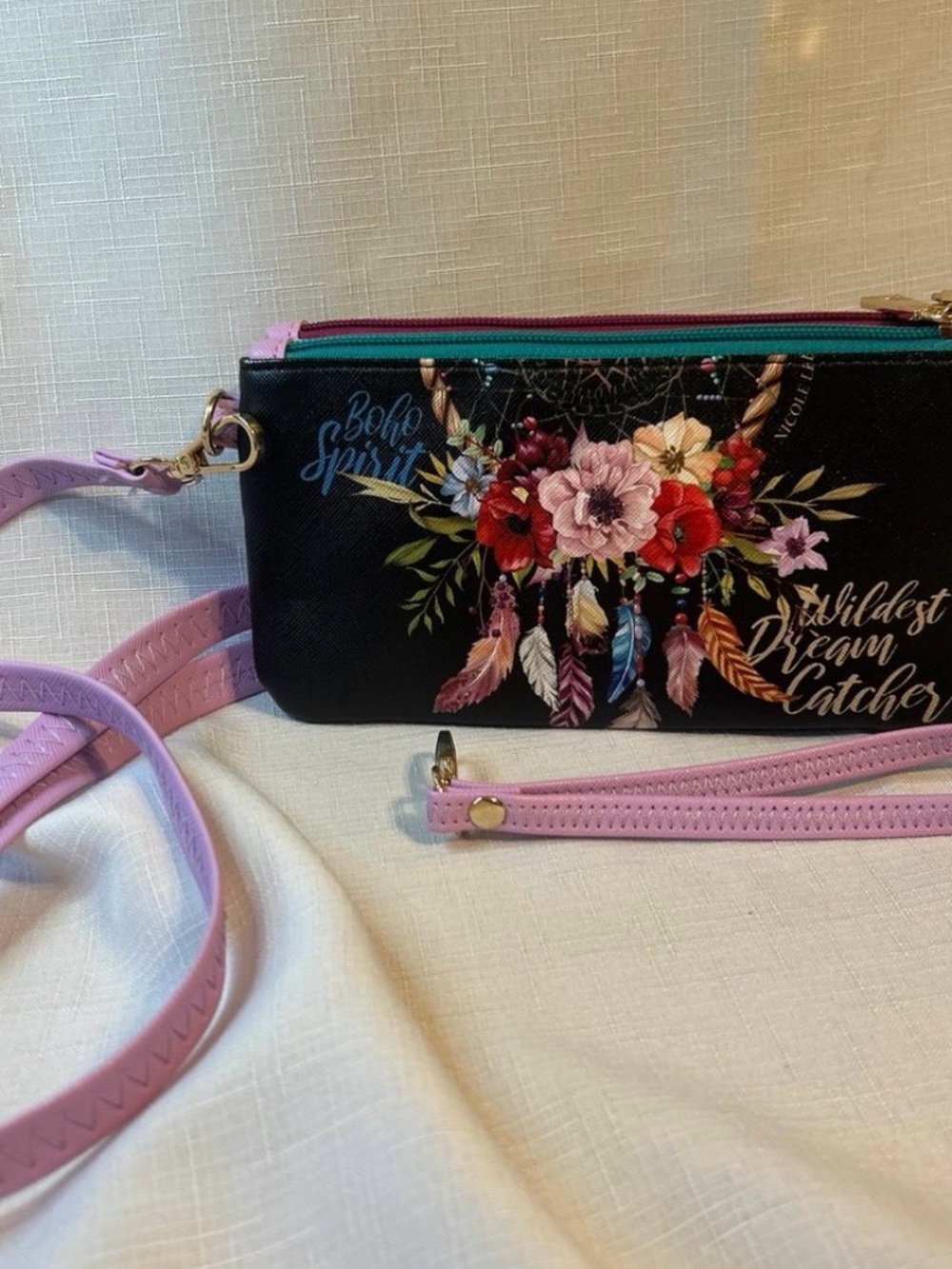 Nicole Lee Floral Dreamcatcher Crossbody Bag - Black with Pink Strap